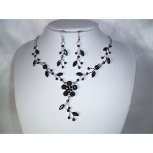 Black rhinestone necklace set, prom bridal party flower vine rhinestone necklace